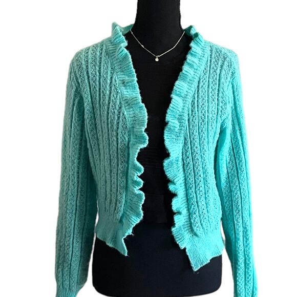 3/$15 Frill Trim Light Blue Fall Cardigan Warm Sweater Medium - Picture 1 of 7